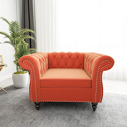 Image of ORRD 2 Piece Living Room Set, Velvet Chesterfield Sofa Loveseat Couch Chair with Scroll Arms and Nailhead for Living Room, Office (Orange)