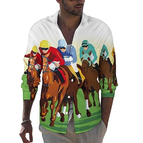 Horse Racing Cartoons Men's Shirts Long Sleeve Button Down Beach Shirt Casual T-Shirt Tee Top 2XL