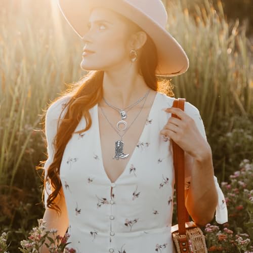 RechicGu Layered Boho Western Cowgirl Necklace For Women Bull Head Moon Crescent Cowboy Boot Charm Pendant Western Necklace Jewelry For Country Concert Outfits4
