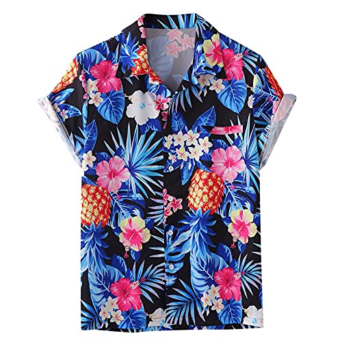 Verano para hombre estilo étnico imprimir camisas de manga corta botones sueltos abajo casual para hombre marca hawaiana camisas blusa Tops, azul, XXL Cover