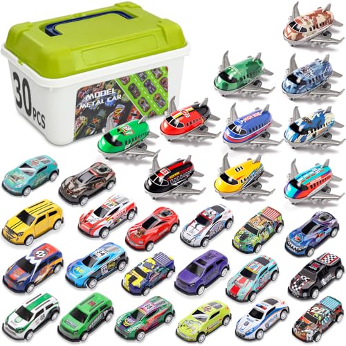 Supecaty 30 Pcs Pull Back Toy Cars & Planes Set with Storage Box Mixed Vehicle Types - Sporty 3+ Years Old Kids Boys Girls Gift
