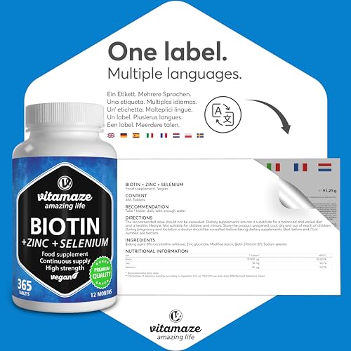 Biotin Hair Growth 10.000 mcg - with Selenium and Zinc - 365 Days Supply for Hair, Skin and Nails - 365 Vegan Tablets - German Quality - Vitamaze® - Image 8