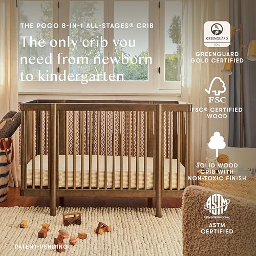 Image of Babyletto Pogo Convertible All-Stages Bassinet, Midi, Full-Size Crib in Natural Walnut, GREENGUARD Gold Certified, Portable & Adjustable with Conversion Kits and Pads Included