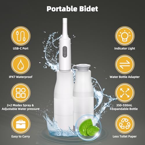 Image of Hibbent Portable Bidet for Travel, High Pressure Electric Handheld Bidet Sprayer, 350-550ML Expandable Bottle for Personal Hygiene, USB-C Rechargeable Waterproof, Travel Sprayer for Women & Men, White