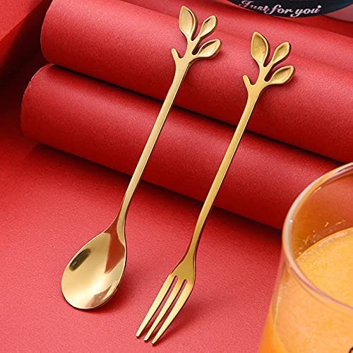 Image of Stainless Steel Creative Tableware Leaf Dessert Spoon & Fork, Coffee,Sugar,Mixing,Tea,Stirring,Cake & Icecream,Stir Bar Gold Set - Set of 1 Leaf Spoon & 1 Leaf Fork (Gold)