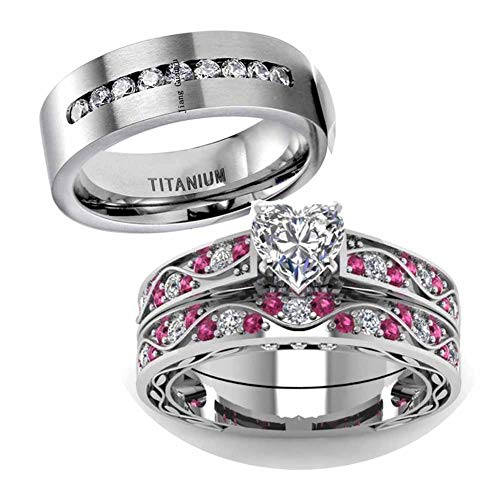 loversring Two Rings Couple Ring Bridal Set His Hers White Gold Plated CZ Stainless Steel Wedding Ring Band Set