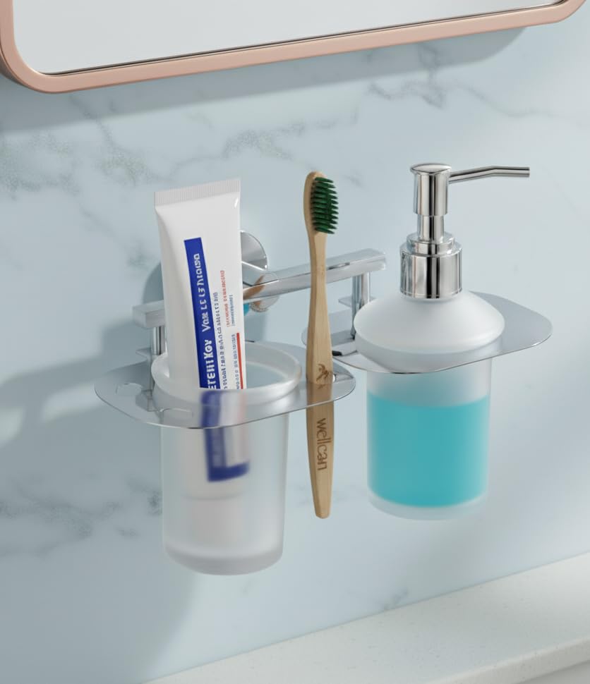 Image of Stainless Steel Toothbrush Holder with Glass Tumbler & Liquid Soap Dispenser Set - Wall Mounted 2-in-1 Bathroom Organizer, Chrome Finish (Square /Frosted Glass) (E 3712)