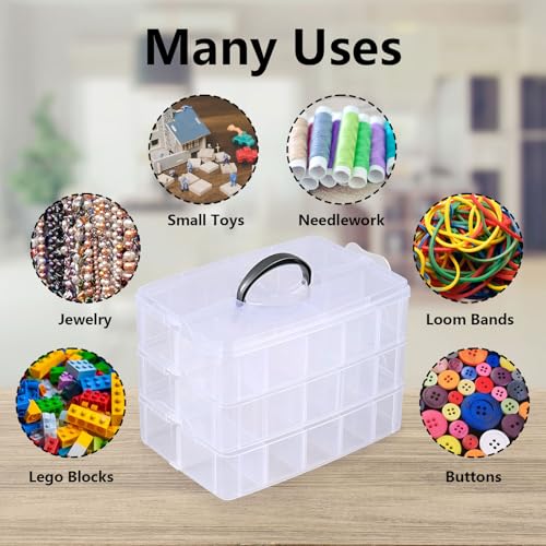 Image of Vababa Clear 3-Tier Stackable Storage Containers with Adjustable 30 Compartments, Jewelry Sewing Storage Box with Handle
