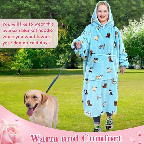 Image of Waitu Wearable Blanket Sweatshirt Gifts for Women and Men, Warm and Cozy Giant Blanket Hoodie, Thick Flannel Blanket with Sleeves and Giant Pocket - Light Blue