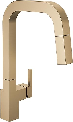 Delta Junction - Grifo de cocina dorado cepillado con rociador extraíble, moderno grifo de fregadero de cocina de un solo agujero, mango único,