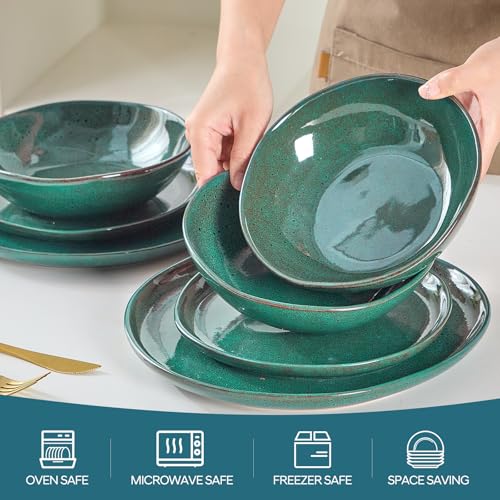 Image of Bestone 12 Pieces Round Kitchen Dinnerware Sets,Plates and Bowls Sets,Dishes, Plates, Bowls, Dish Set, Chip Resistant Ceramic Dinnerware Set, Dishwasher /Microwave Safe,Service for 4,Ceylon Green