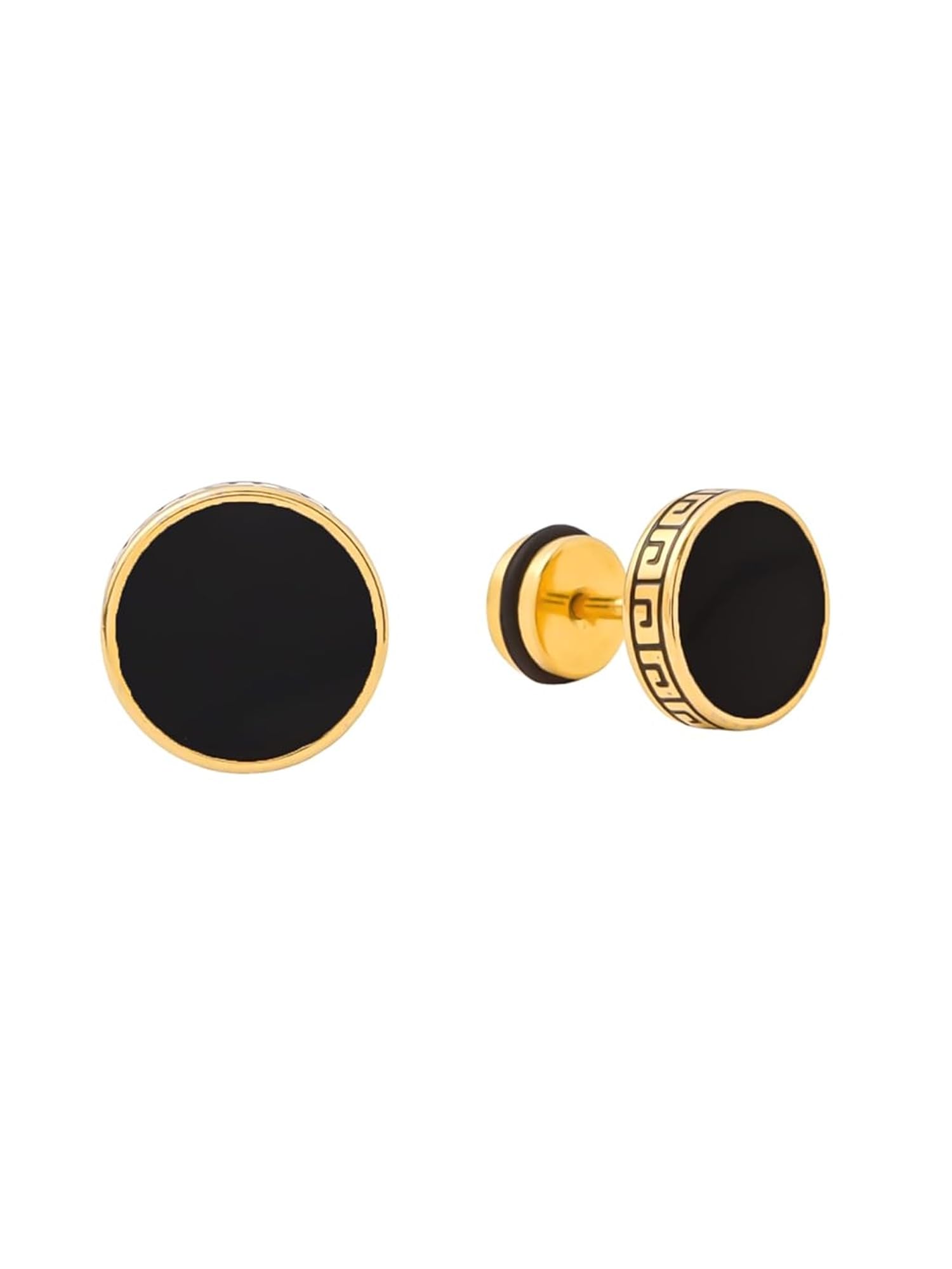 Gold Toned Stainless Steel Stud Earrings for Men & Boys | Rhodium Plated Black Round Geometric Stud Earrings | Water Resistant & Anti Tarnish | Birthday & Anniversary Gifting for Men-image-9
