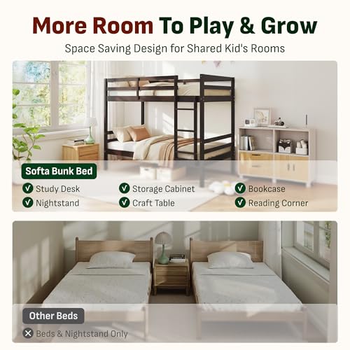 Image of Softa Twin Over Twin Bunk Bed for Kids, Solid Wood Bunk Bed Frame with 13 inch High Guardrails and Ladder, 400 lbs Capacity Total, 11.9 inch Under-Bed Storage, No Box Spring Needed, Black