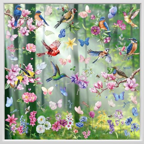Hianjoo Fensterbilder Frühling Vögel, Frühling Fensterdeko Selbstklebend, Blumen Schmetterlinge...
