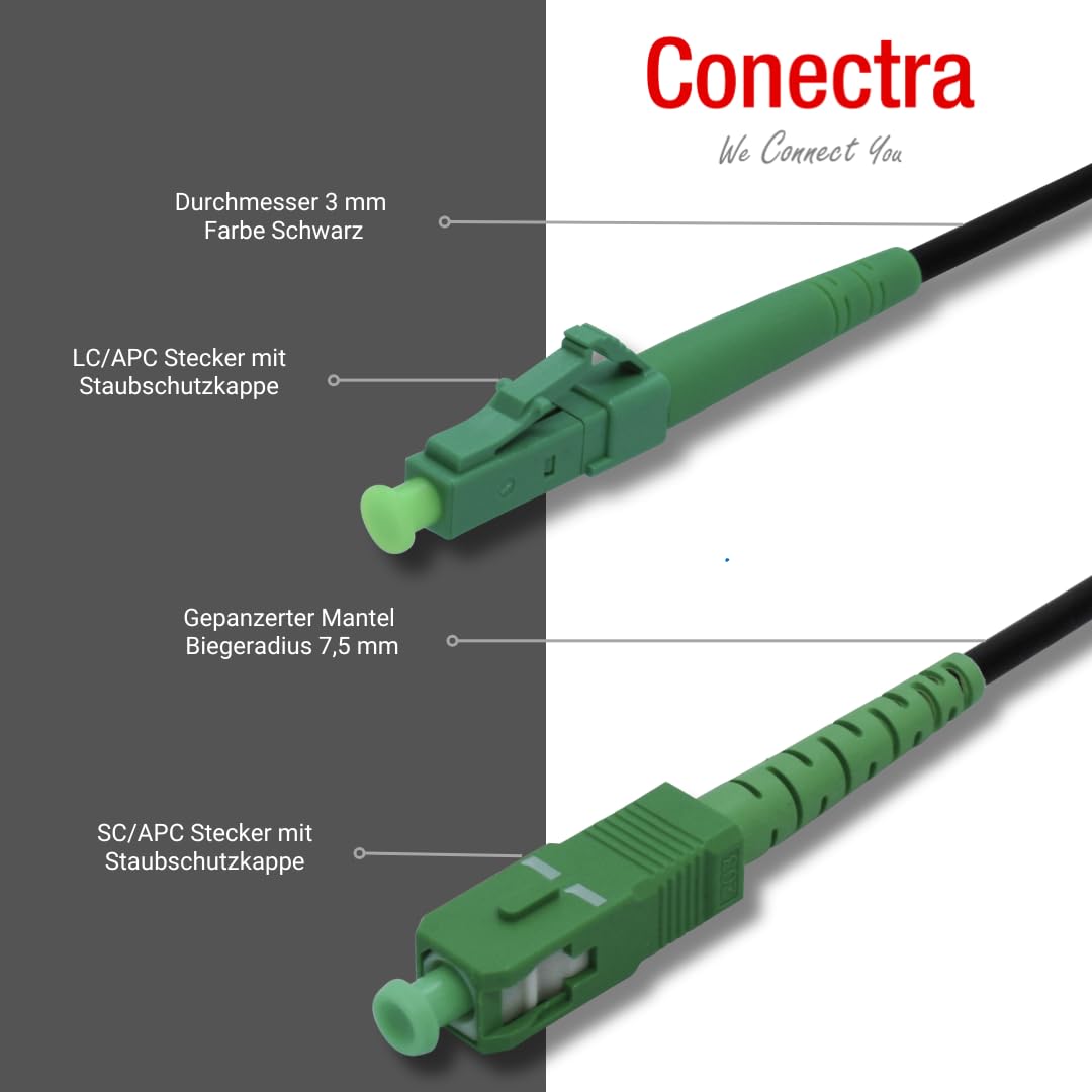 Câble Fibre Optique Conectra OS2 Simplex LC/APC - Blindé, Pour Réseau FTTH Domestique, Longueurs 3-100 M