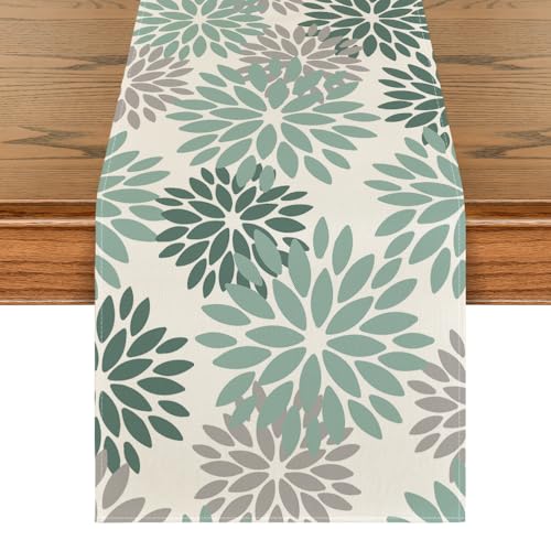 Artoid Mode Blumen Wasser Grün Dahlien Frühling Tischläufer, Saisonnal Sommer Küche Tisch Dekoration Drinnen Urlaub Party Dekor 40x180 cm