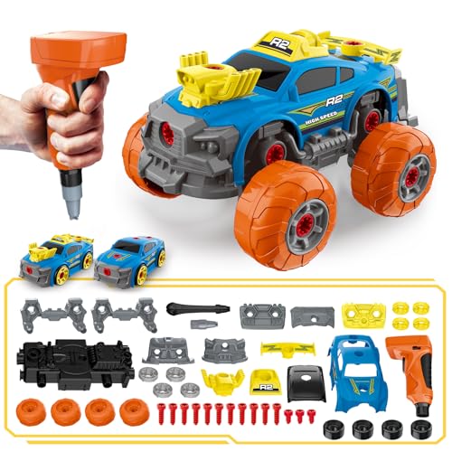 Pup Go Coche Juguete 3 en 1 Desmontable para Niños de 3-8 Años, con Taladro Eléctrico, 46 Piezas Camión de Construcción, Construye Tu Coche con Herramientas de Juego, Niños (Azul)