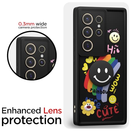 Image of Pikkme Back Cover for Samsung Galaxy S24 Ultra 5G | Soft Silicone| Cute Rainbow Smile & 3D Cartoon Flower Design | Shockproof Raised Camera Protection Bumper Case (Black)