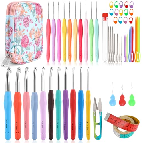 Image of Vodiye 21 Sizes Ergonomic Crochet Hooks Set 0.5-10.0mm with Case, Soft Grip Crochet Needles for Crocheting Comfort