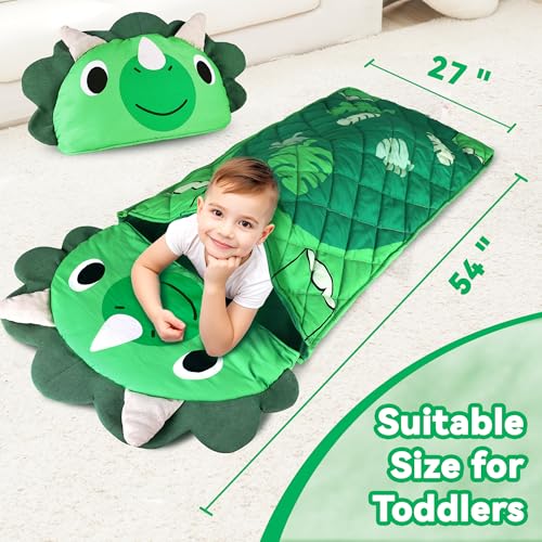 Image of iPlay, iLearn Kid Sleeping Bag, Dinosaur Slumber Sack, Toddler Boy Nap Mat, 2 in 1 Green Dinos Cushion Blanket, Happy Travel Sleepover Daycare Preschool Birthday Gift for 3 4 5 6 Years Old Child