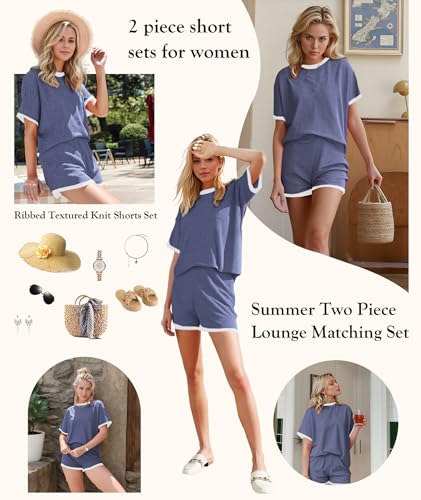 Image of MARZXIN Women 2 Piece Shorts Set 2026 Casual Summer Cruise Outfits Ribbed Loose Short Sleeve Pocket Matching Lounge Sets