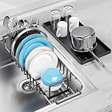 LIONONLY Small Dish Drying Rack in Sink, Extendable Dish Drainer Over Sink with Silicone Drying Tray, Compact Dish Rack for Kitchen Counter with Utensil Holder, Drying Rack Organize Small Space, Black
