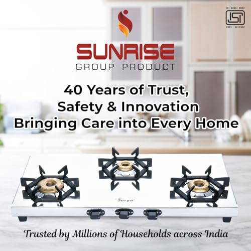 Image of Golden Surya 3 Burner Heavy Stainless Steel Gas Stove | Tornado Brass Burners | Manual Ignition | Swivel Inlet Nozzle ISI Certified | 18-Month Warranty-(Crystal)