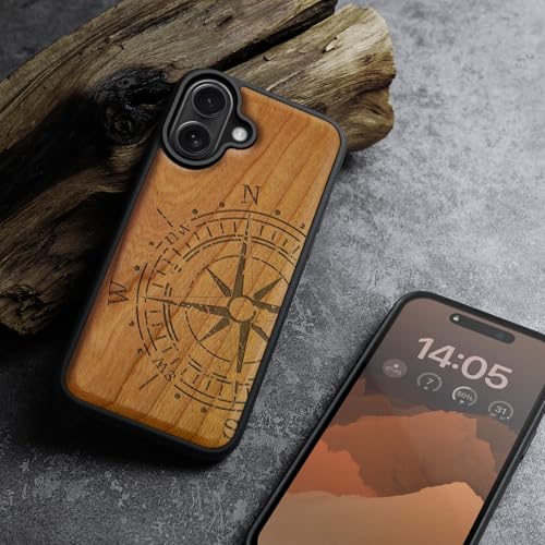 Image of Carveit Wood Case for iPhone 16 Plus, The Incomplete Compass, Cherry | Magnetic iPhone 16 Plus Case Compatible with MagSafe Wireless Chargers, Engraved Wood with Soft TPU Shockproof Bumper