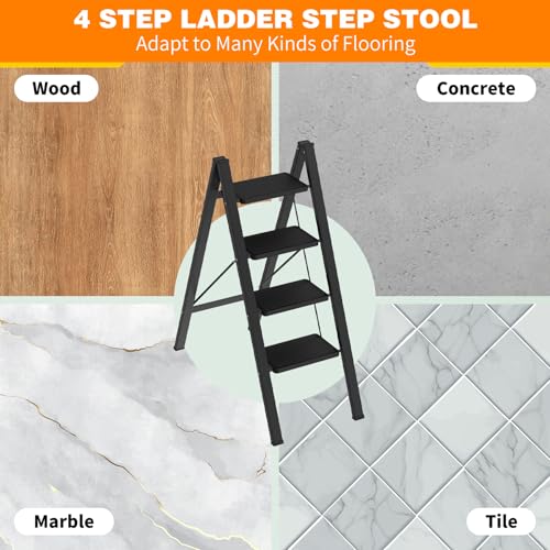 Image of 4 Step Ladder Folding Step Stool, Stable Step Ladder with Wide Pedals & Non-Slip Rubber Feet, Portable & Space Saving Step Ladder for Kitchen /Closet /Adults(16.9 inch W x 39.6 inch H, 350LBs Loading)