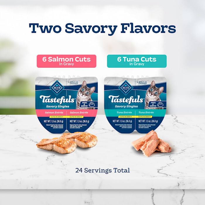 Image of Blue Buffalo Tastefuls Savory Singles Salmon and Tuna Natural Wet Cat Food Cuts in Gravy Variety Pack 2.6 oz. Count of 12