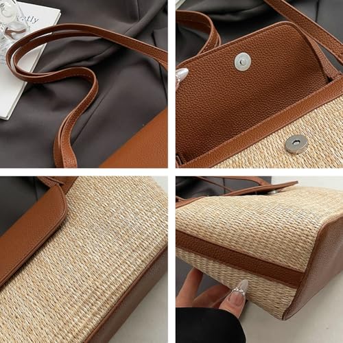 Long Straw Woven Large Capacity Tote Bag Patchwork Underarm Bag Commuter Travel Shoulder Bags for Women 20253