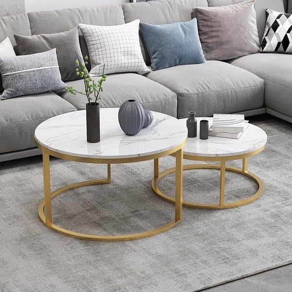 Image of Elegance Iron & Wooden Round Retro Golden Side Tables - Night Stand, Bedside, Sofa Side, Coffee, Centre, Nesting and Bar Table Set of 2 (Golden & White)