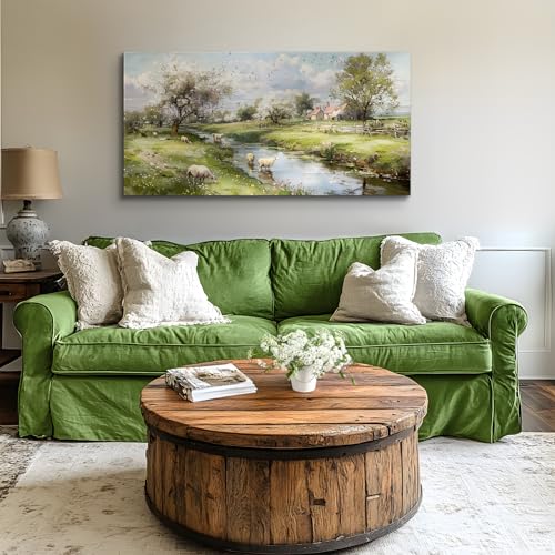 crmotu Landscape Wall Art, Nature Wall Art, Large Wall Decor, Sheep Pasture Painting Wal Prints, River Country Canvas Pictures for Living Room Bedroom Bahroom Farmhouse Cottage 24"X48"