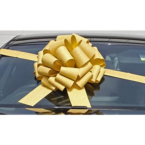 Jaffa Imports MEGA GIANT CAR BOW (16 inch) + 6 METRES of RIBBON for Cars, Bikes, Big Birthday GLITTER GOLD Cover