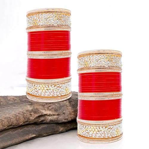 Image of Lucky Jewellery Bridal Bangle Set Dhanteras /Diwali /Bhai Dooj Collection Red Designer AD & Golden Stone Dulhan Chuda Fashion Wedding Chura Punjabi Choora For Women (2673-G1C1-1002-R)