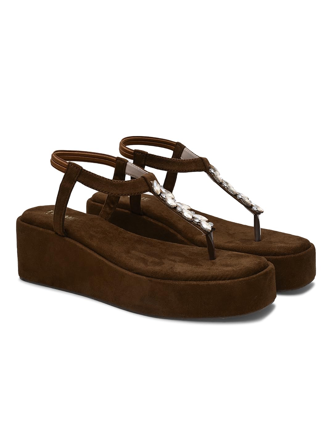 T-Strap Embellished Wedges Heel Sandals for Women | Soft Suede Comfort Slip-On Elegant Dress Sandals-picture-50