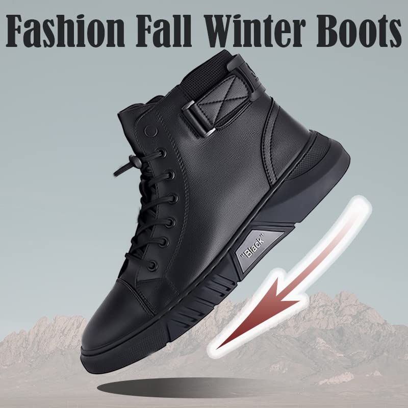 Recyphi High-Top Casual Leather Boots for Mens Handmade Shoes All Black Round Toe Waterproof Business Boots3
