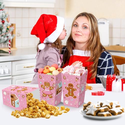 Image of K KUMEED 24 PCS Christmas Popcorn Favor Boxes,Pink Gingerbread Man Christmas Party Supplies,Cute Candy House Popcorn Bowls Popcorn Buckets Popcorn Bags for Kids Christmas Party Decorations