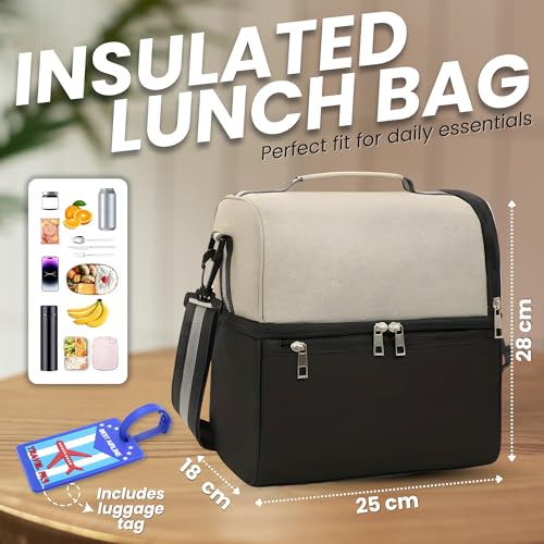 Image of OCEANEVO 2 Compartment Insulated Lunch Bag with Luggage Tag, Tiffin Bag for Office with Handle and Shoulder Strap for Men and Women - 28 x 25 x 18 Cm - Beige
