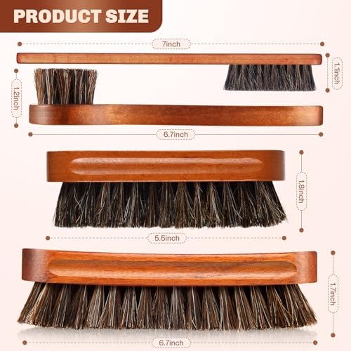 Image of 4 Pcs Horsehair Shine Shoes Brush Kit Polish Dauber Applicators Cleaning Leather Shoes Boots Care Brushes Suede Cleaner Brush with Microfiber Shoe Cloth(Brown Style A)