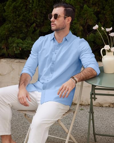Friptspyg Leinenhemd Herren Hemd Langarm Baumwolle Leinen Hemden Button-Down Freizeithemden Casual Regular Fit Sommerhemd, Himmelblau L 3