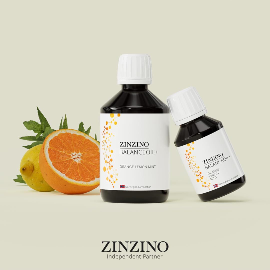 ZinZino BalanceOil+ Fischöl mit Omega-3 2478 mg, Omega-9, Vitamin D3, Tocopherol, DHA, EPA mit Olivenöl Geschmack Orange-Zitrone-Minze, 300 ml