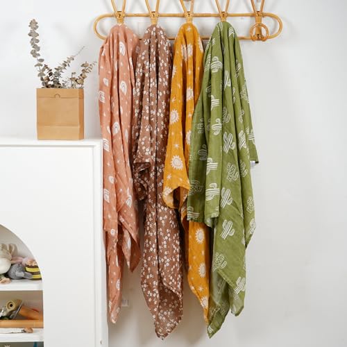 Image of 4 Set Muslin Swaddle Blankets Receiving Blanket for Newborn Baby | Boys, Girls Cute Soft Print Baby Towel Wrap 120x110cm Baby(Cactus)