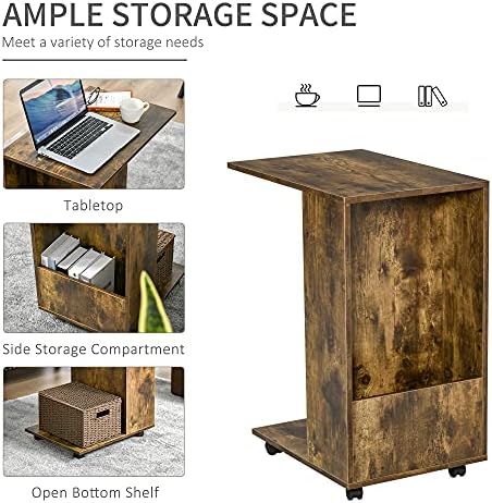 HOMCOM Mobile Sofa Side Table C-Shape End Table with Storage and Casters for Laptop Coffee Snack, Rustic Brown