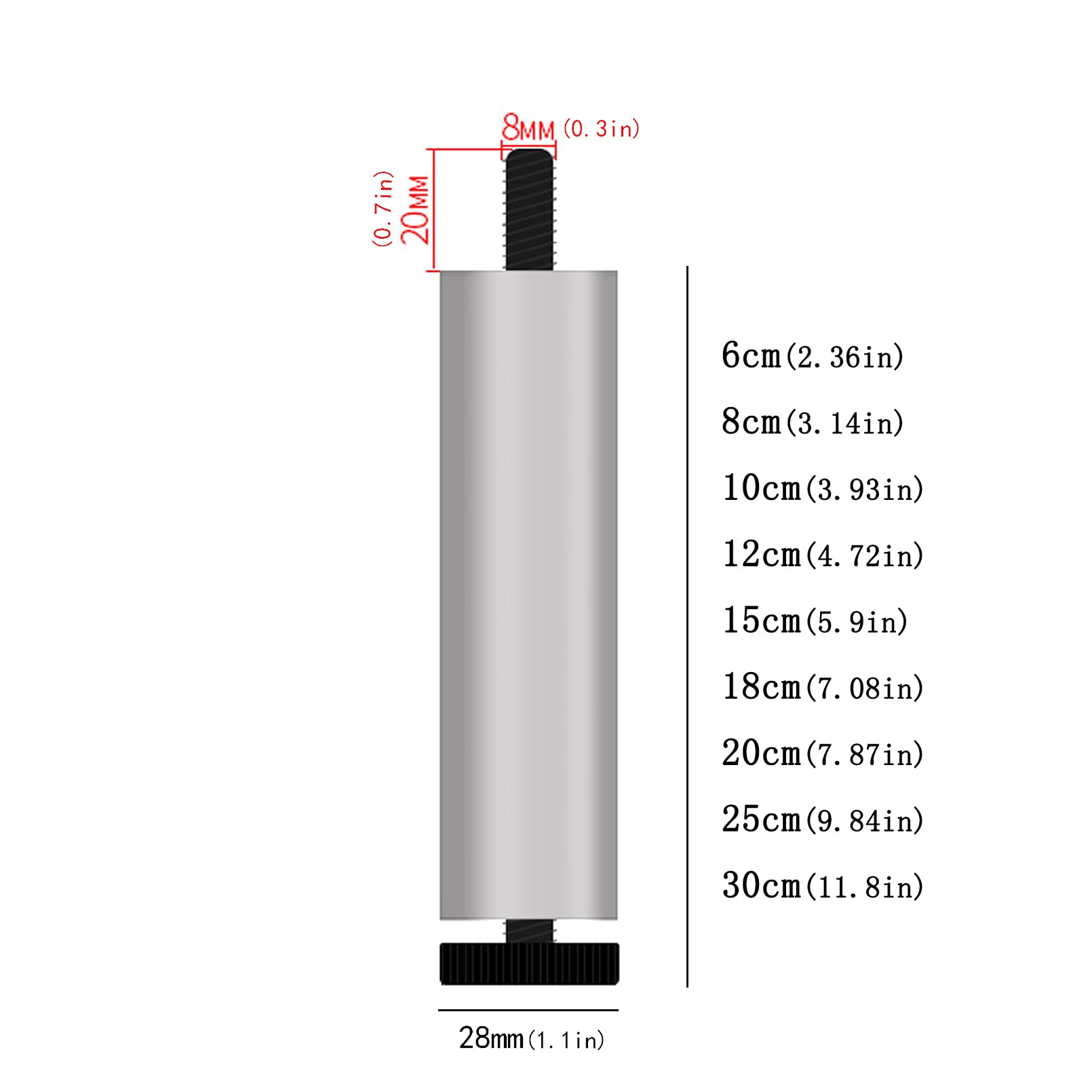 Patas de sofá para Muebles, 4 Piezas de Metal, Ajustables, de aleación de Aluminio, para Mesa, Patas de Apoyo, para refrigerador y Lavadora, Varilla roscada M8 (Plateada, 30 cm/11,