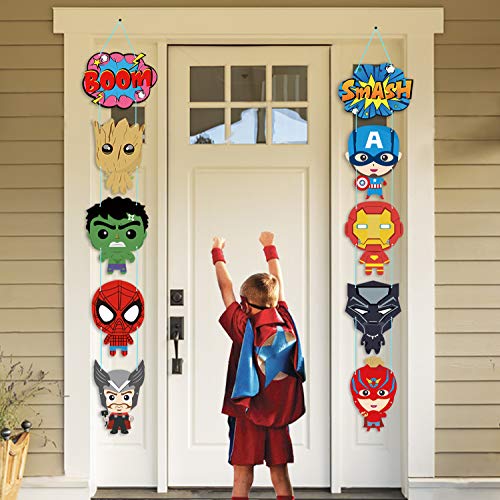 TICIAGA 10pcs Superhero Porch Sign, Hanging Sign Wall Decoration Superhero Party Banner, Door Cardborad Cutout Signs Outdoor Decoration, Hanging Cards Kit for Superhero Theme Party Decoration