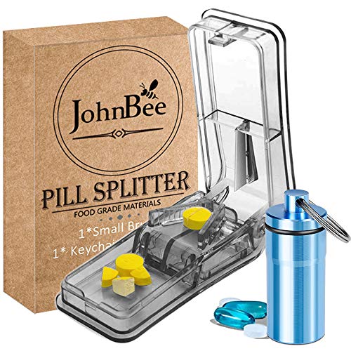 JohnBee Pill Splitter | Pill Cutter for Small or Large Pills | Design in The USA | Cut Pill Vitamin in 1/2, 1/4. | Pill Slicer with Safety Shield | Comes with Keychain Pill Holder