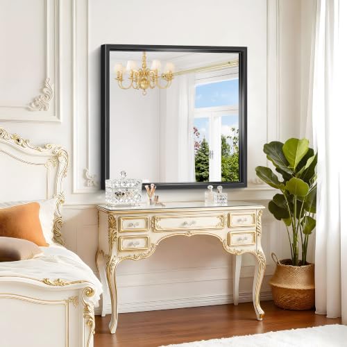 Image of Bathroom Mirror, 36 x 36 inch Brushed Black Square Mirrors for Wall | 0.6 inch Thickened Deep Frame Rectangle Mirrors for Over Sink, Shatterproof Tempered Glass, Antirust, Horizontally or Vertically