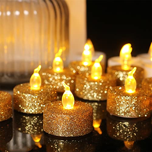 Image of 12PCS Gold Glitter Tea Lights Candles Battery Operated with Timer