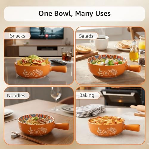 Image of Amazon Basics Mandala Ceramic Snack Bowl with Handle (600 ml) - Microwave & Dishwasher Safe Serving Bowl - Ideal for Soup, Curries, Salad & Noodles (Yellow)